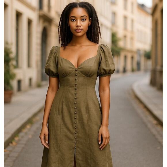 Backyard Roses Puff Sleeve Button Midi Dress Olive Green Size S Romantic Chic - Picture 1 of 4